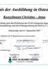 Zertifikat für Osteopathie - verliehen vom Institut für angewandte Osteopathie in Bitburg